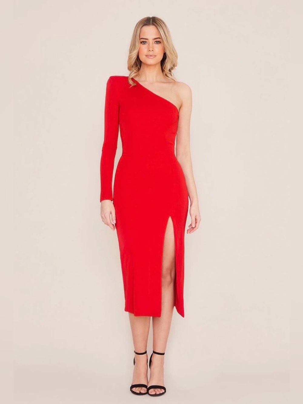 NADINE MERABI One-Shoulder Red Midi Dress with Thigh Slit
